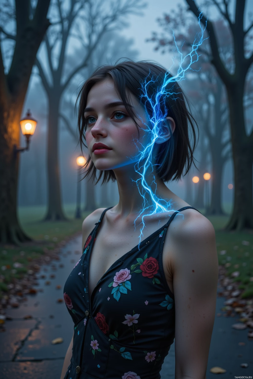 A woman stands in a misty park with a glowing lantern, wearing a floral dress and with a lightning bolt effect near her head.