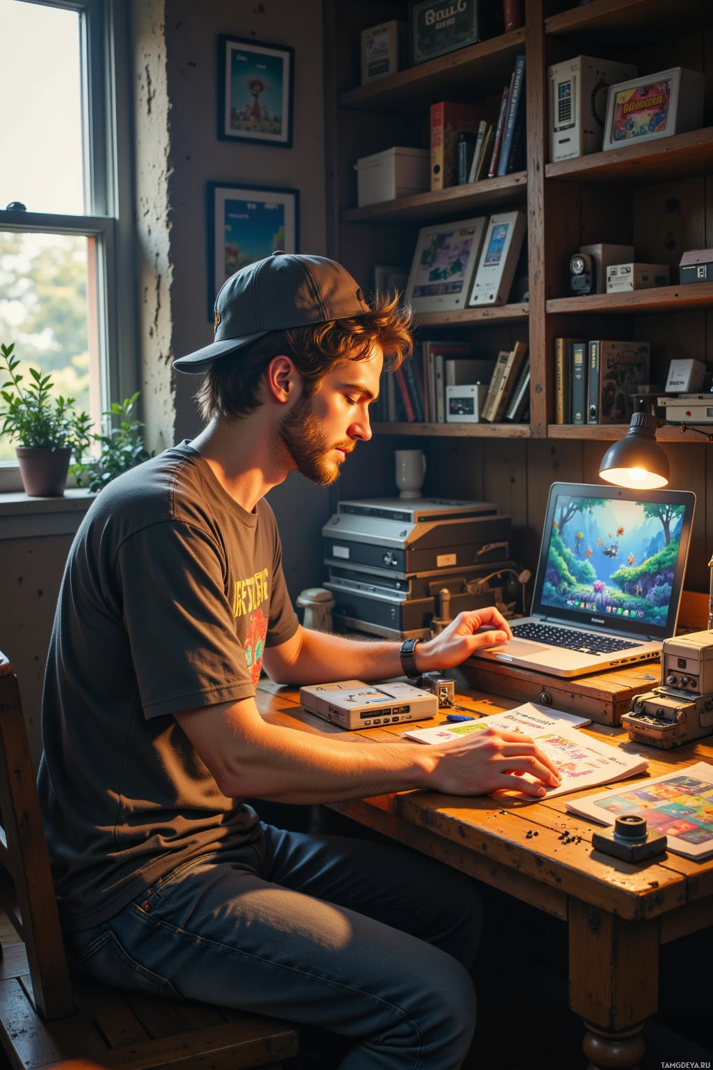 A person sits at a desk in a cozy room, working on a laptop surrounded by books and vintage items.