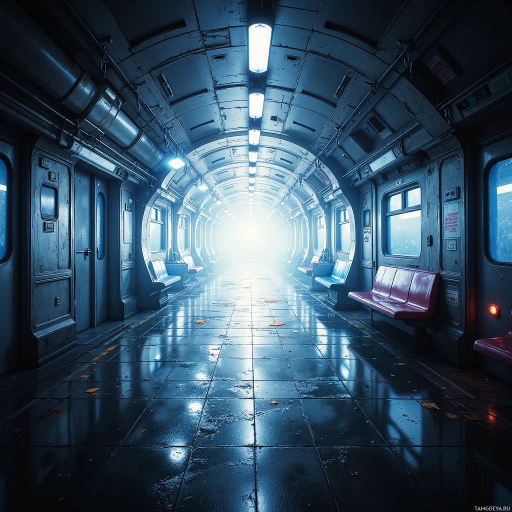 An empty train car with a long, straight corridor leading to a bright light at the end.