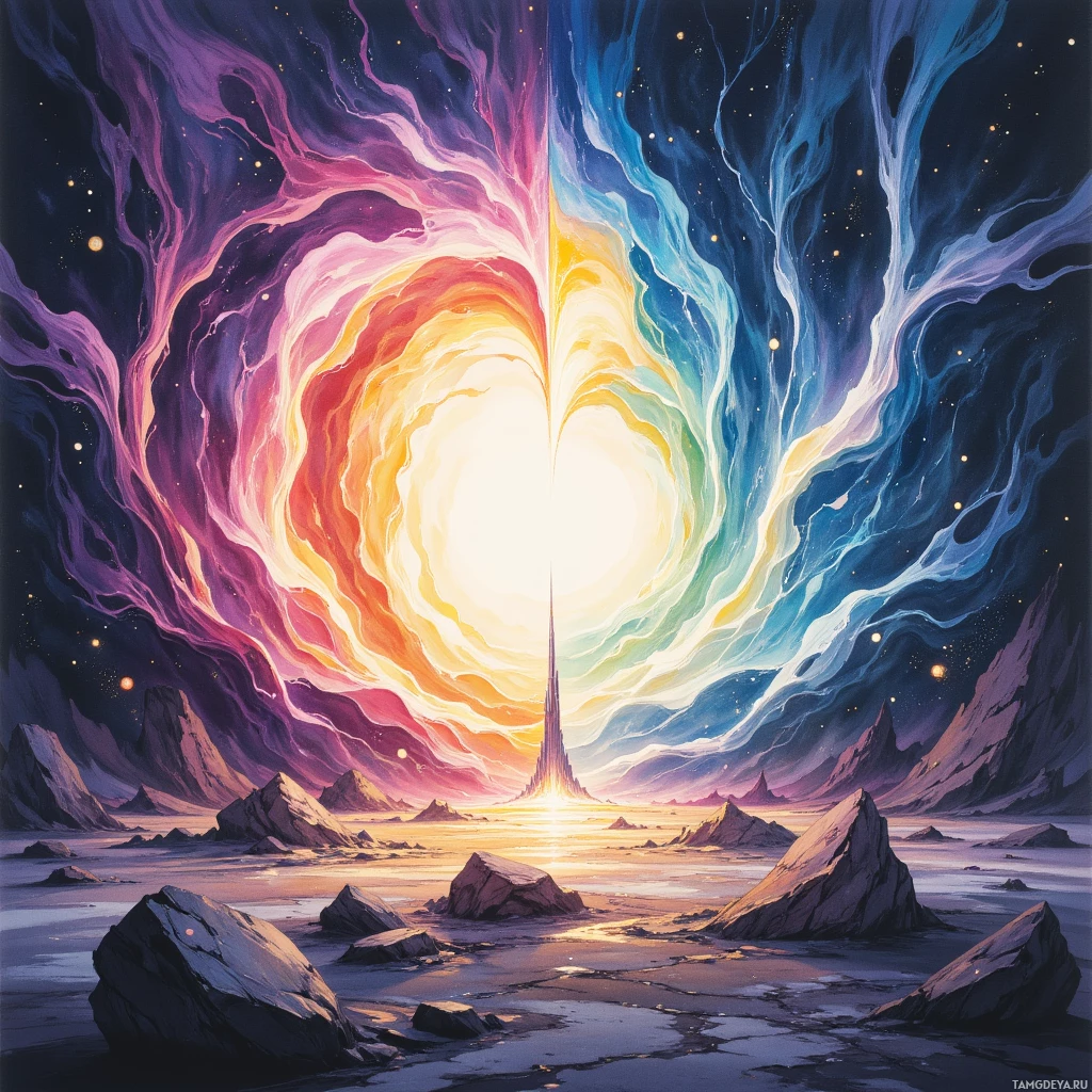 A vibrant cosmic landscape featuring a radiant, multicolored portal amidst rocky terrain under a starry sky.