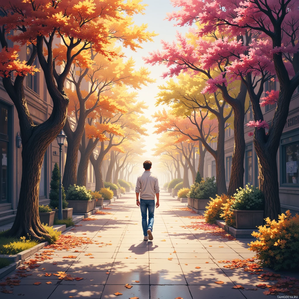 A person walks down a tree-lined street with autumn leaves scattered on the ground.