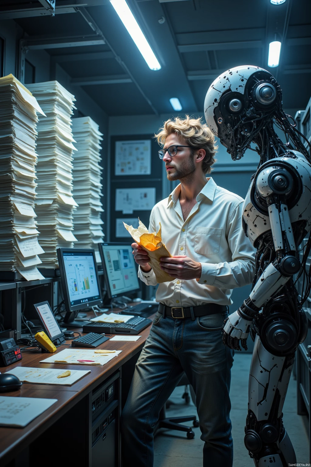 A man in a white shirt stands in an office with a robot, surrounded by stacks of papers and computer monitors.