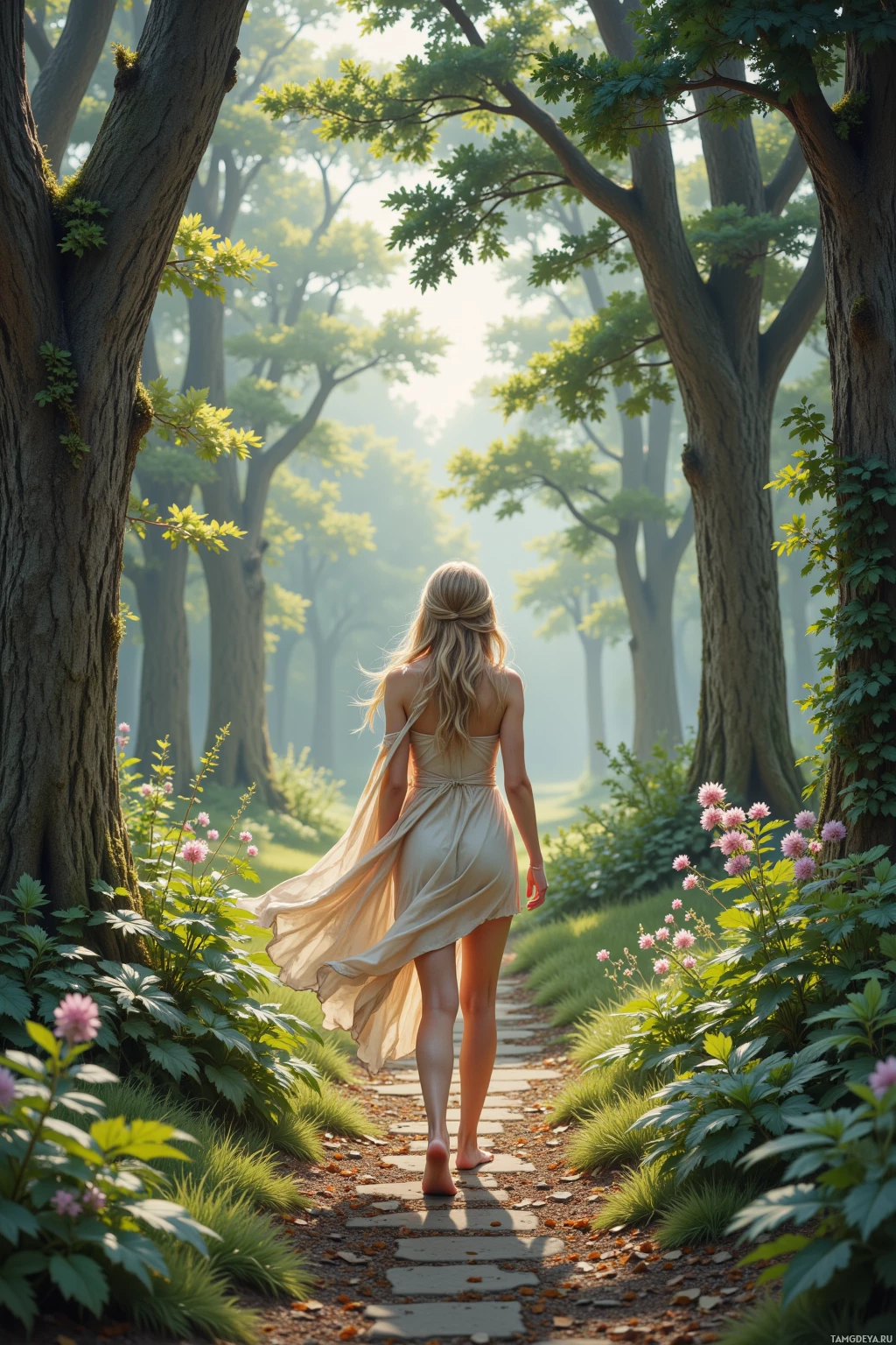 A woman in a flowing dress walks barefoot along a stone path surrounded by lush greenery and blooming flowers in a serene forest.