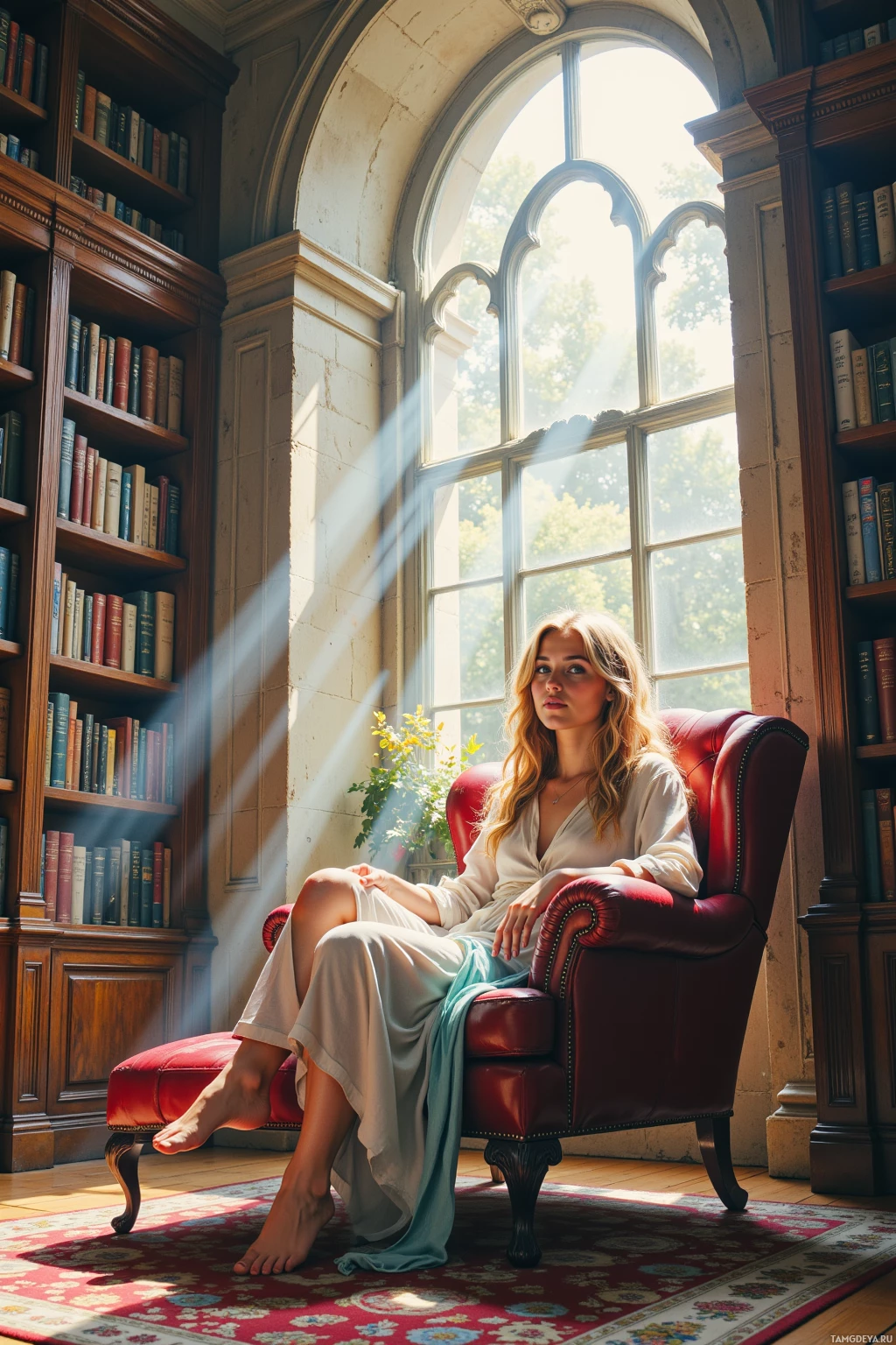 A woman sits in a red armchair by a large arched window in a library, bathed in sunlight.