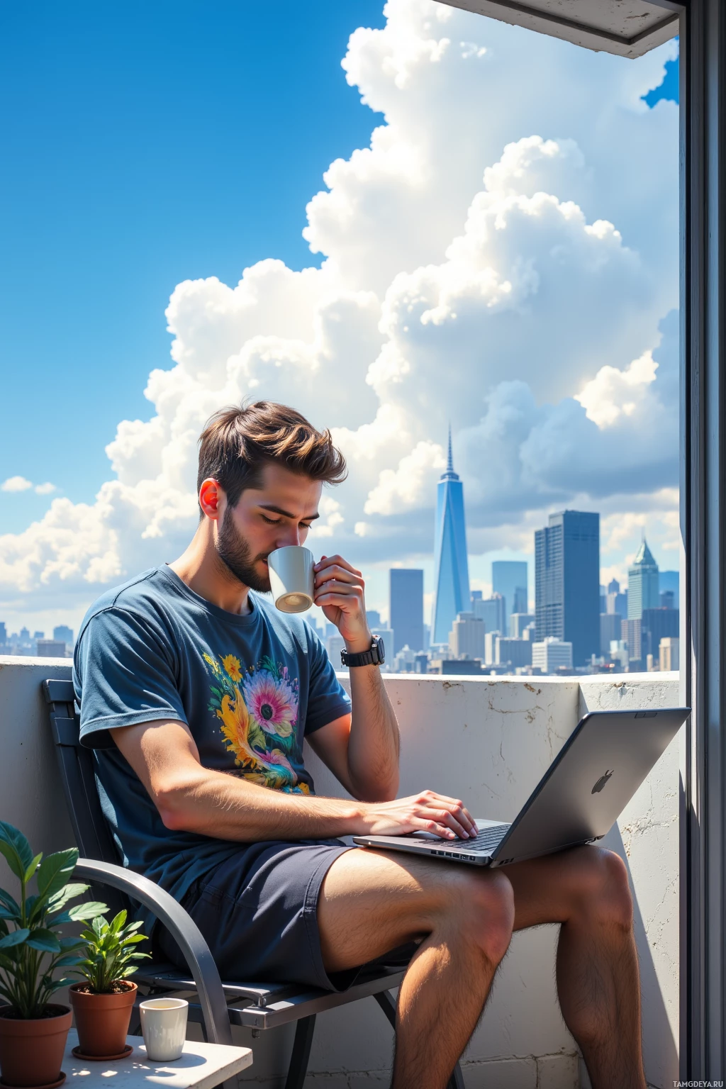 A man sits on a balcony sipping coffee and using a laptop, with a city skyline and clouds in the background.