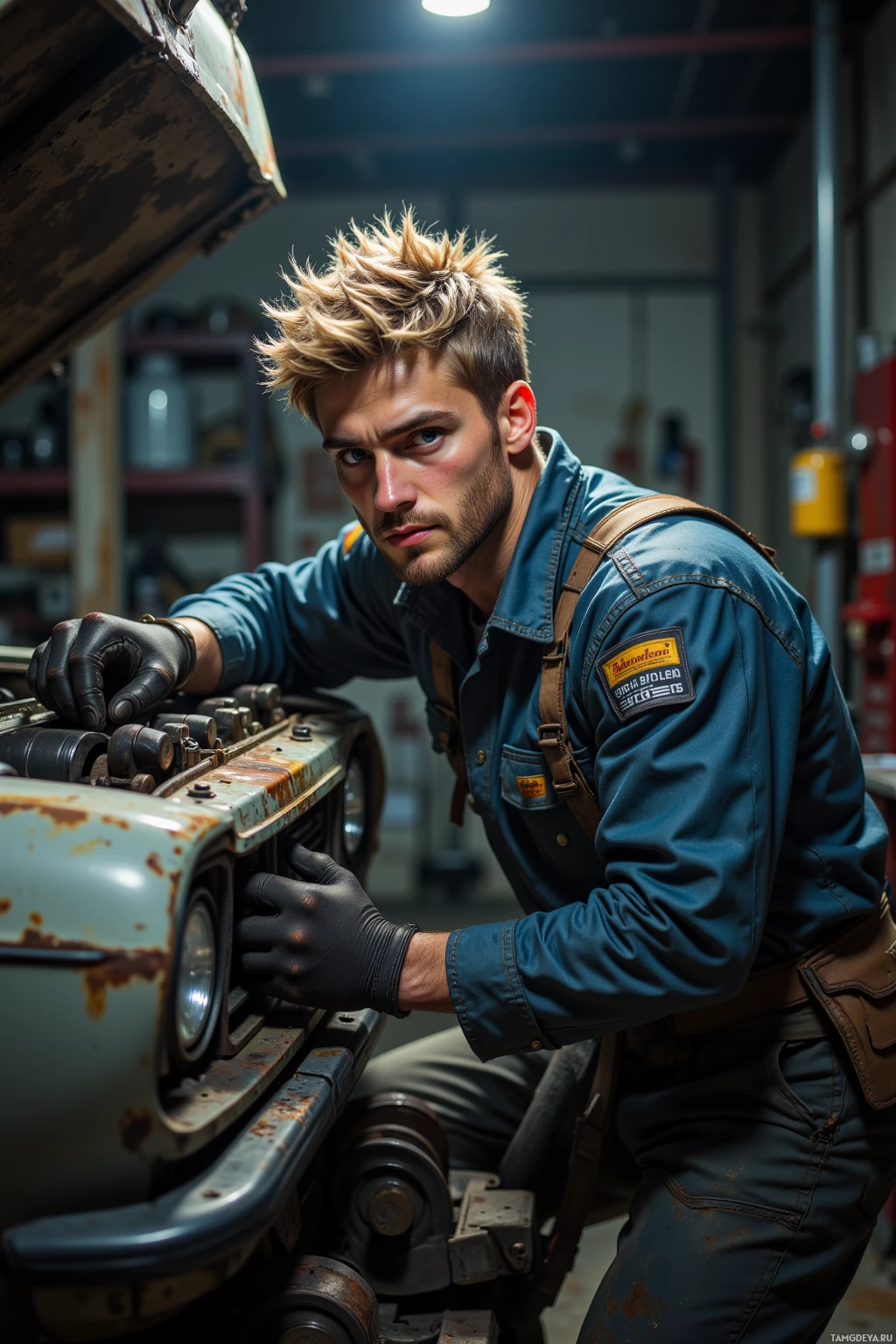 A man in a mechanic's uniform leans over a rusted vehicle in a dimly lit garage.