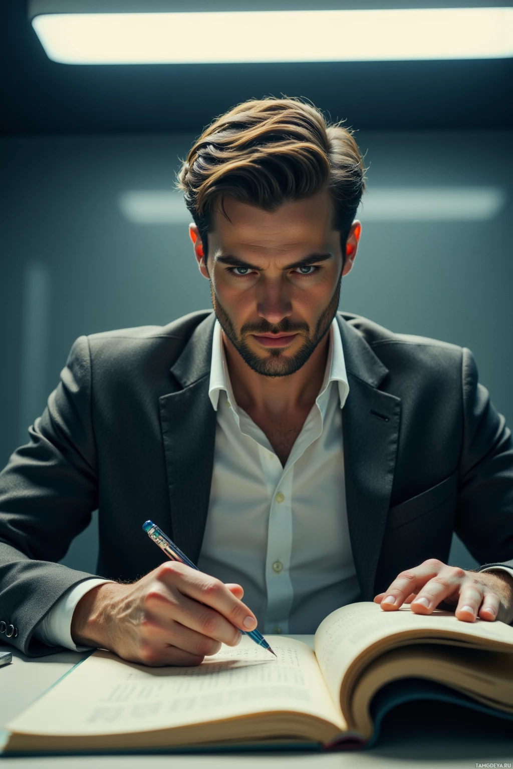 A man in a suit is writing in a notebook.