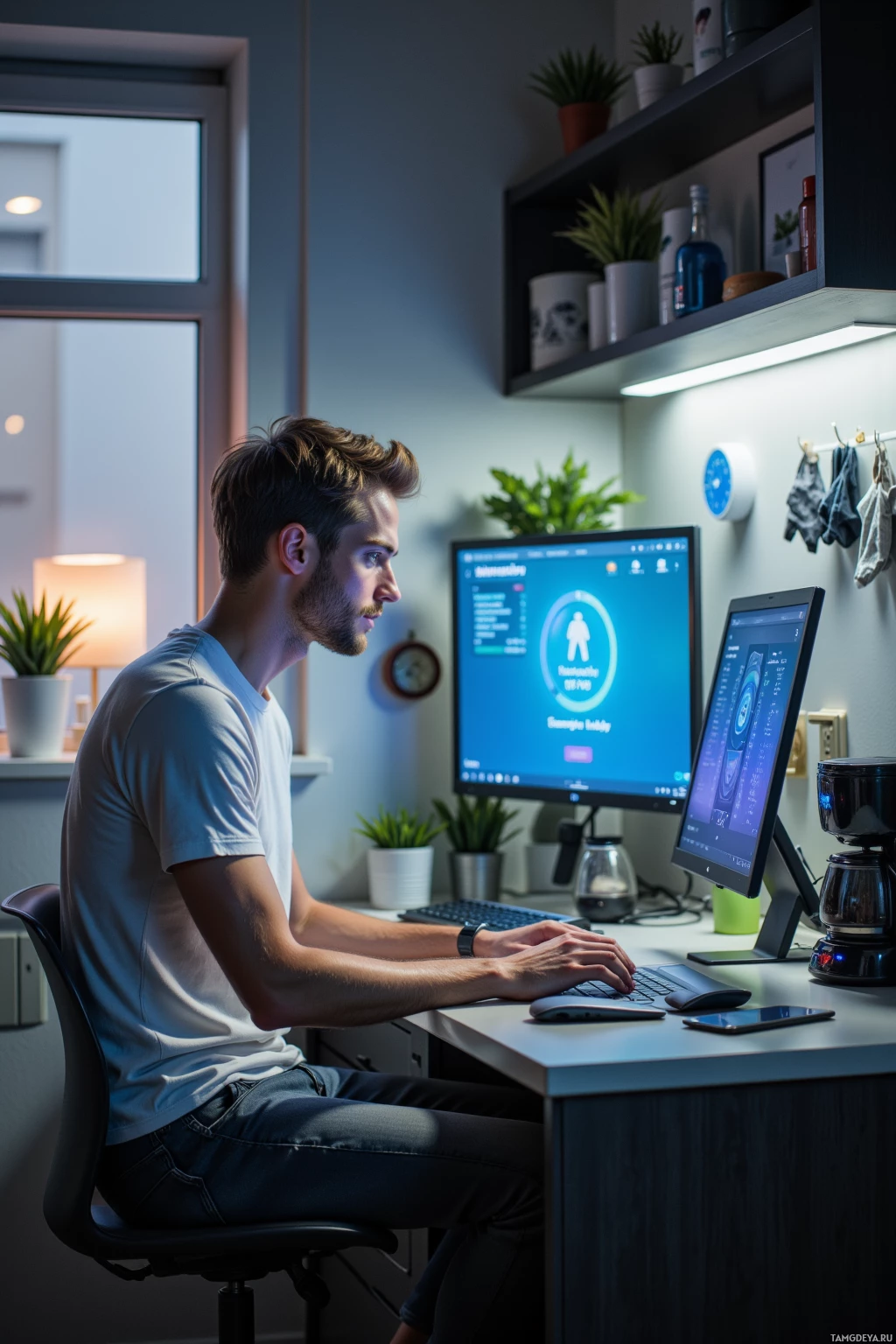 A man is working at a desk in a modern home office, using a computer and smartphone.