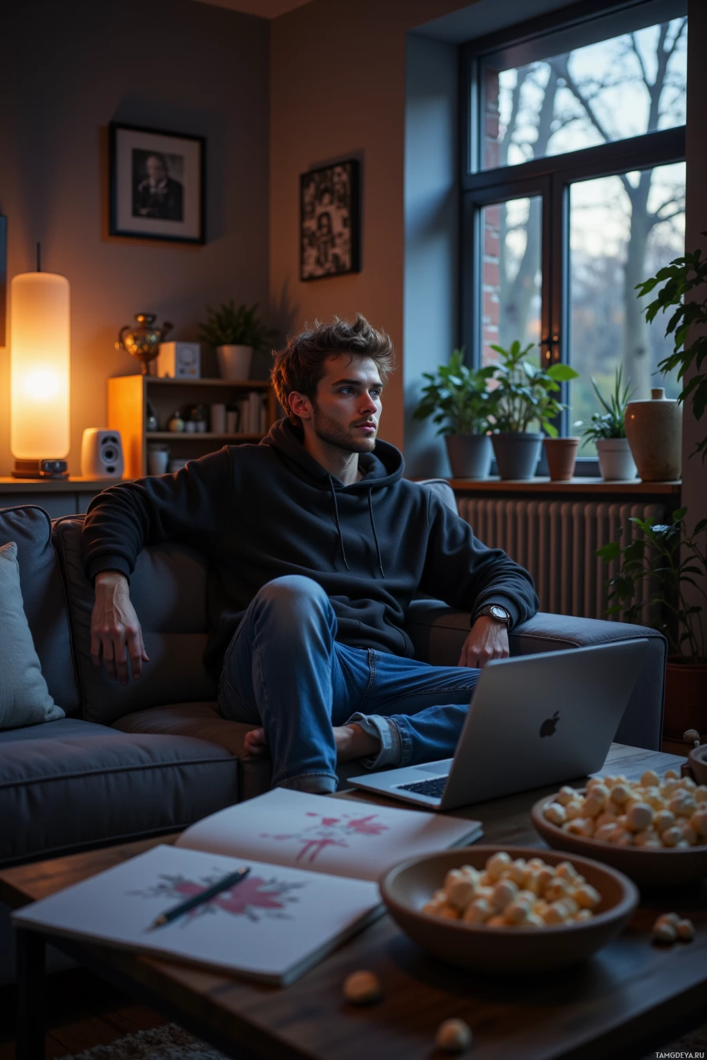 A man sits on a couch in a cozy living room, looking out the window.
