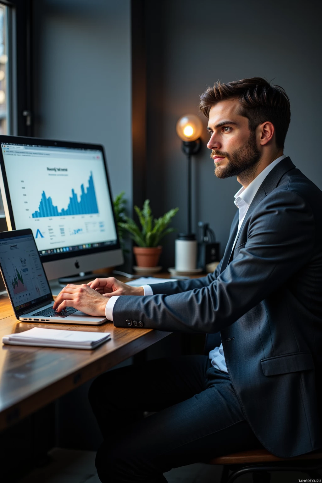 A man in a suit works at a desk with a computer and laptop displaying graphs.