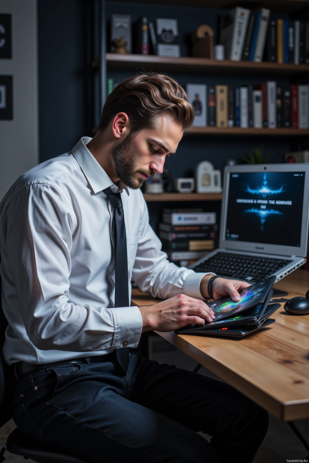 A man in a white shirt and tie is working on a laptop at a desk.