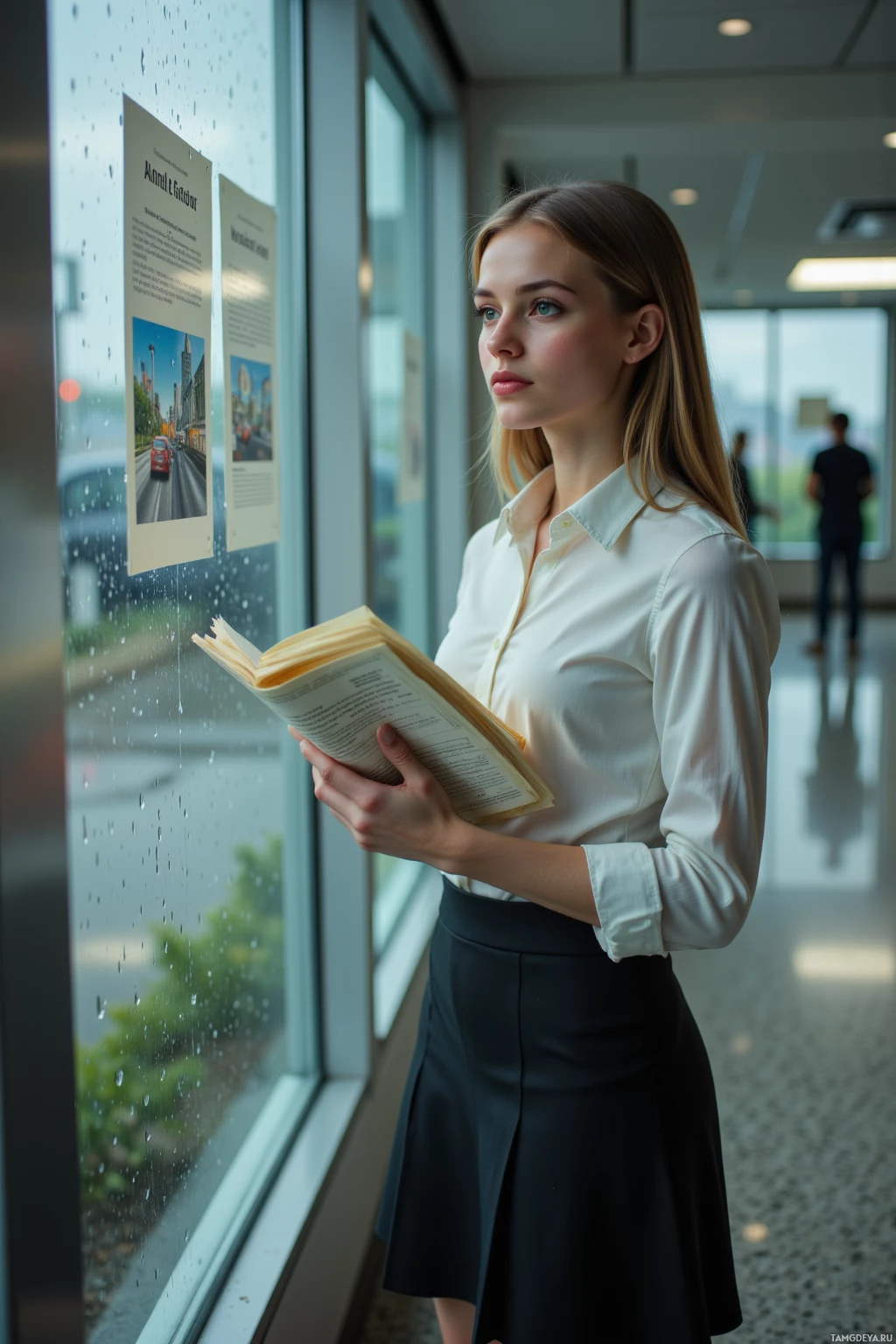 A woman in a white blouse and black skirt stands by a window, holding an open book and looking out.