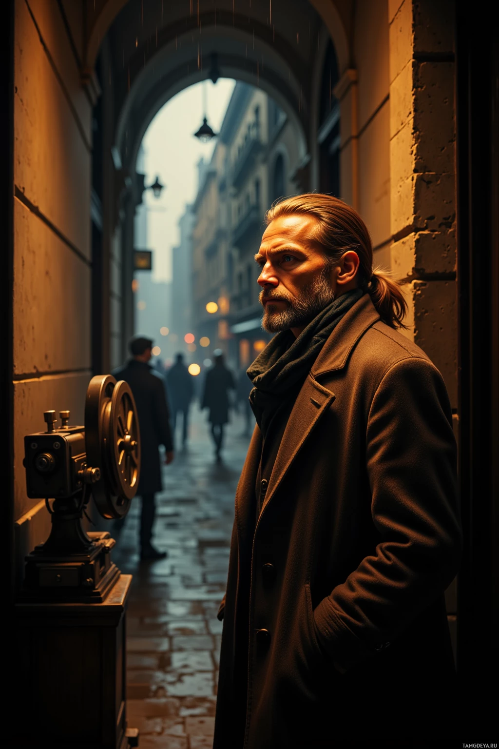 A man in a coat stands in a dimly lit alleyway, gazing into the distance.