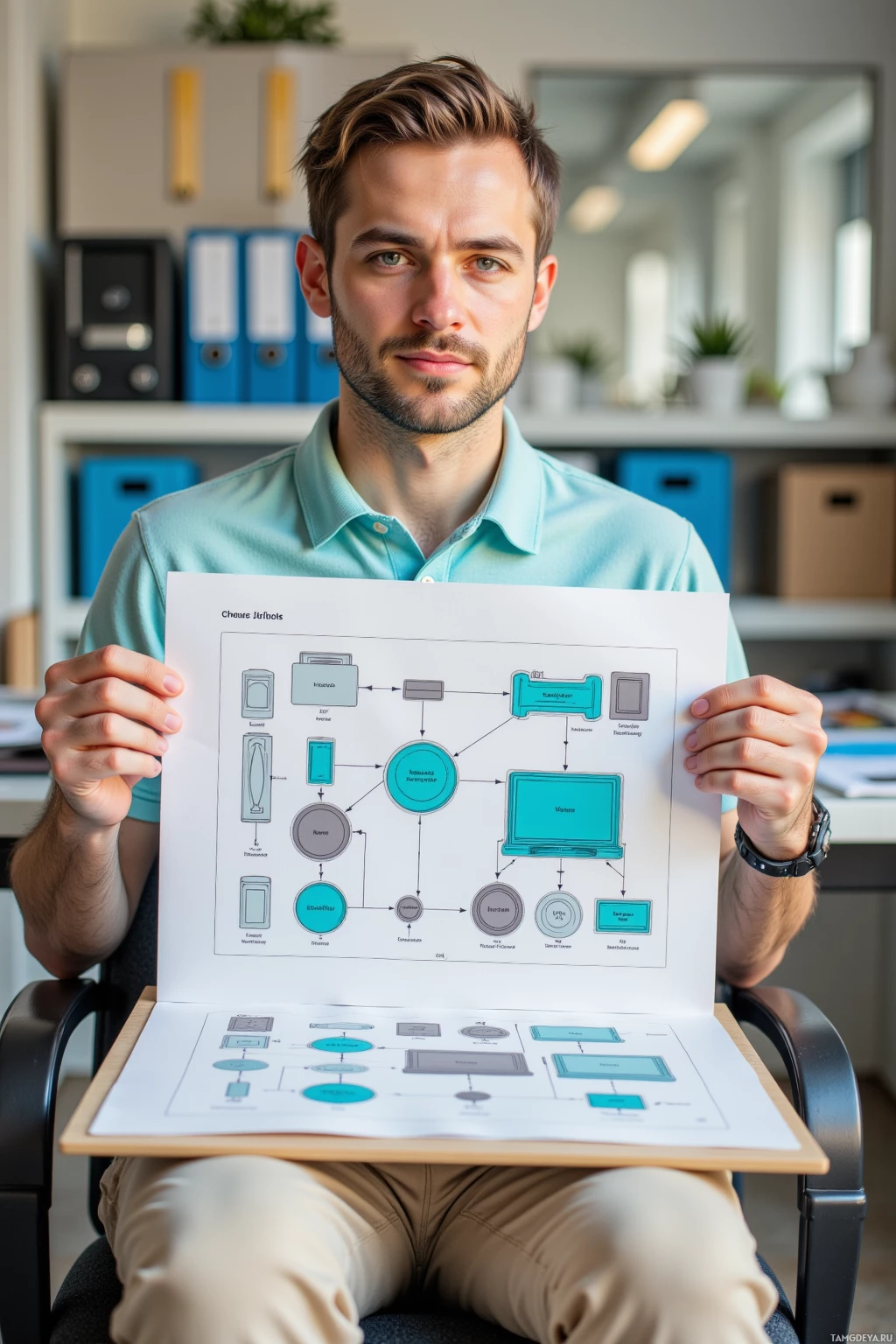 A man sits in an office, holding a diagram of a system or process.