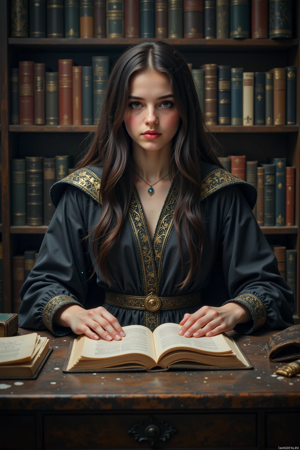 A woman in a dark, ornate robe sits at a desk with an open book, surrounded by bookshelves.