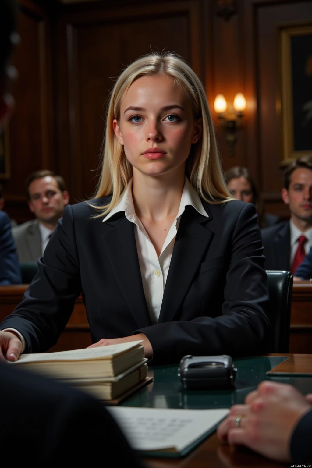 A woman in a professional setting, seated at a desk with documents and a tape recorder, surrounded by others in formal attire.