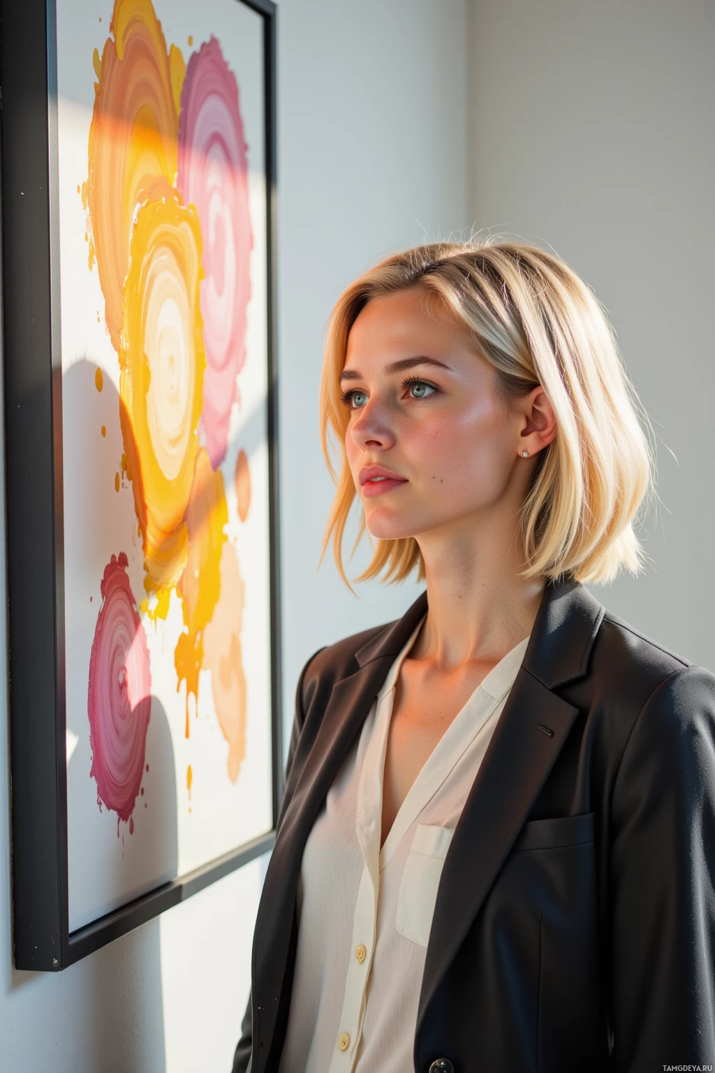 A woman stands in front of a colorful abstract painting, wearing a black blazer and white shirt.