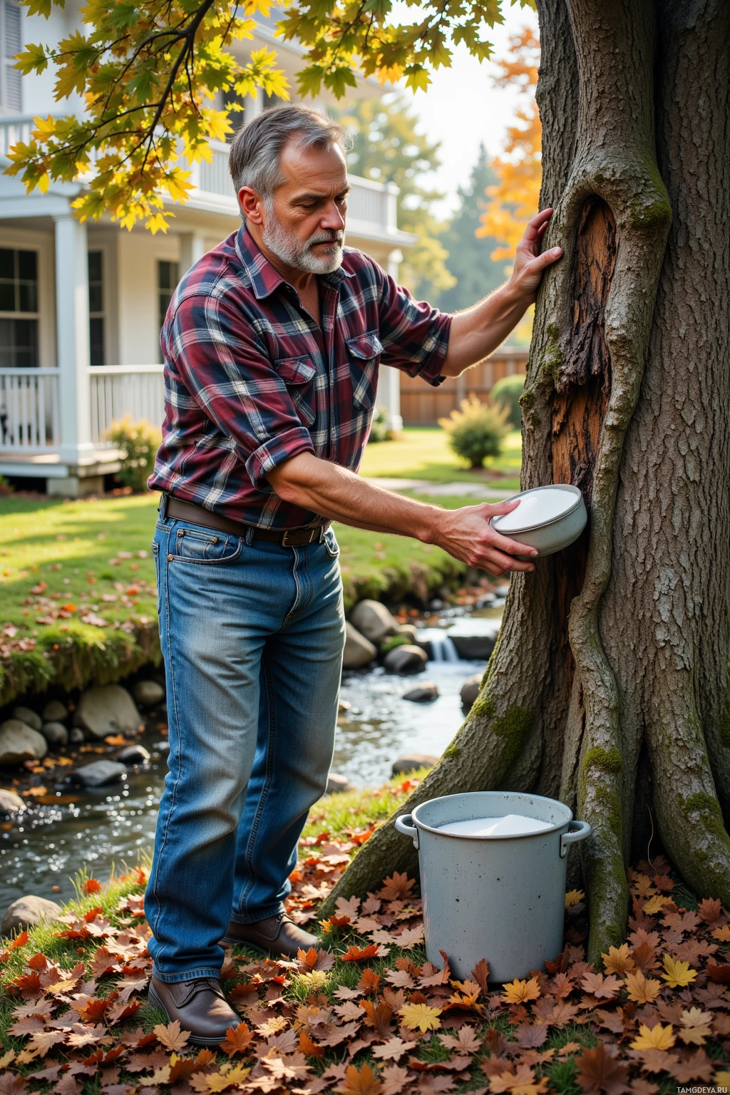 A man in a plaid shirt and jeans stands by a tree, holding a bucket near a stream in a yard.