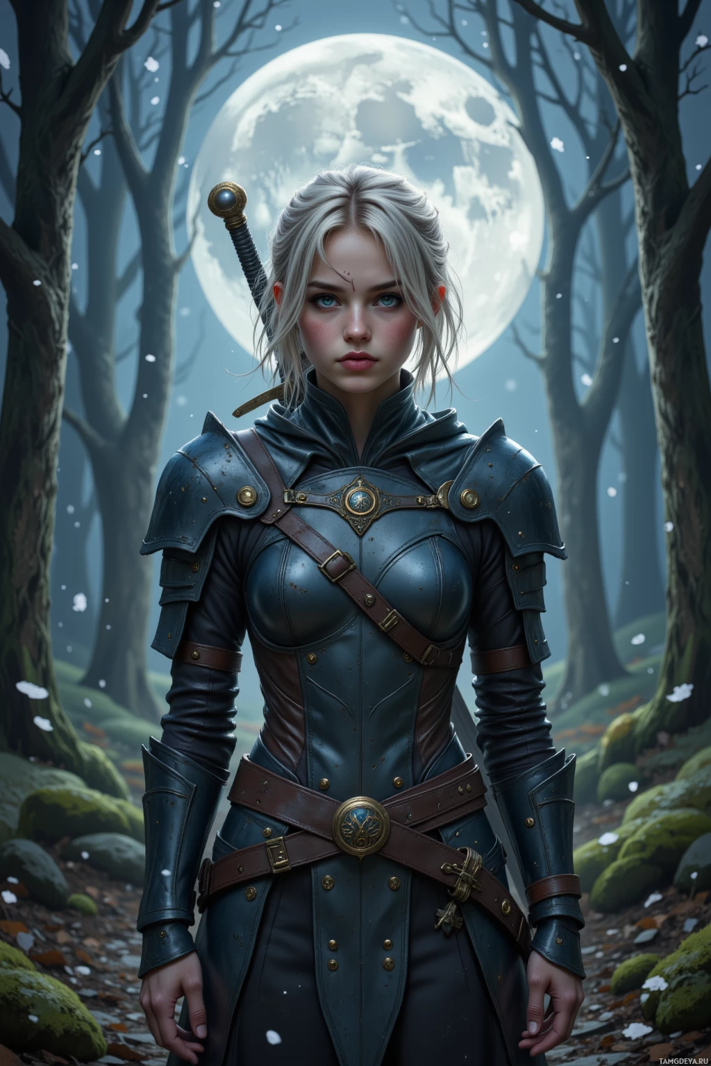A woman in medieval armor stands in a forest under a full moon.