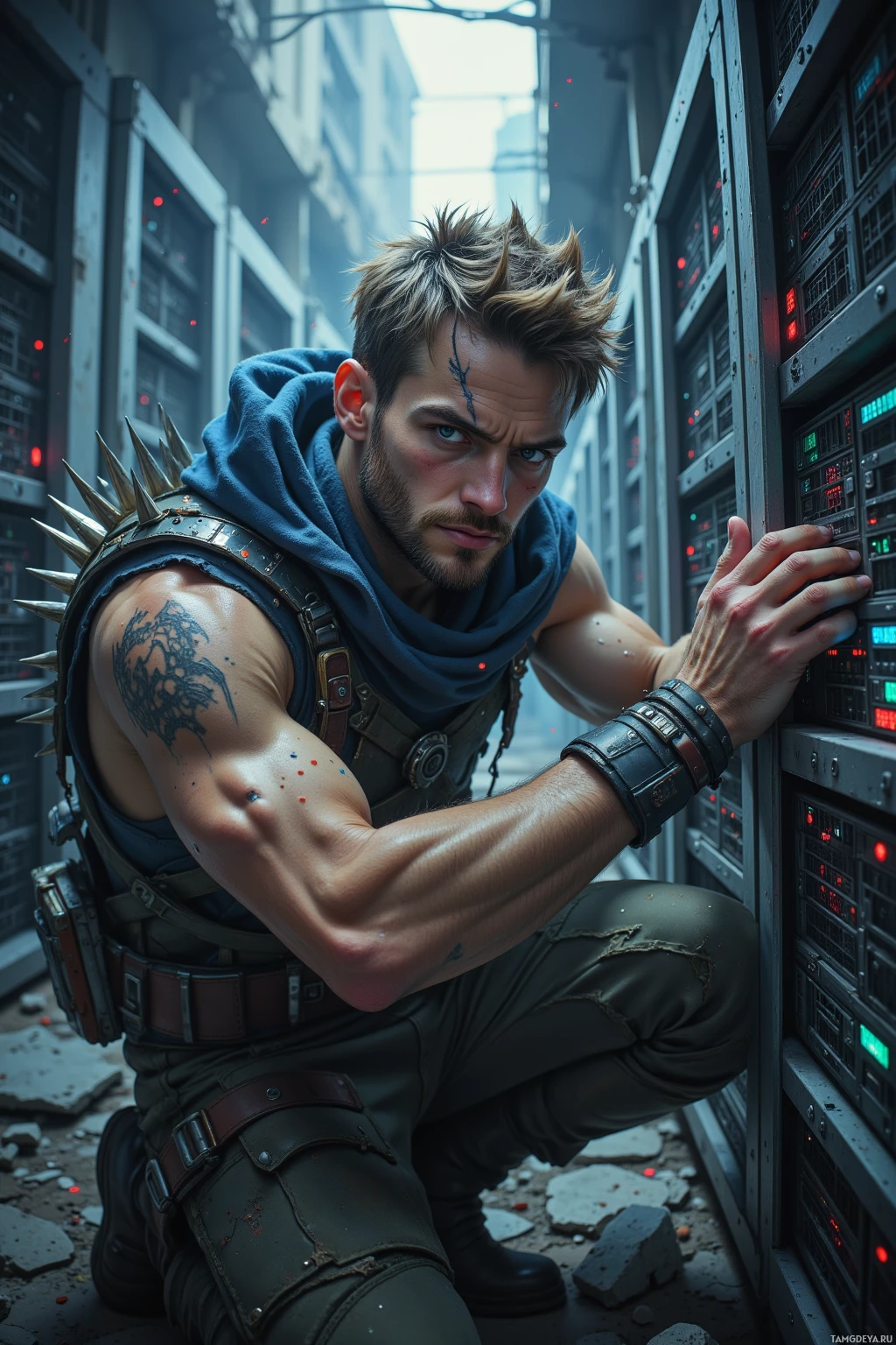 A rugged individual in a futuristic setting, crouching near a control panel.