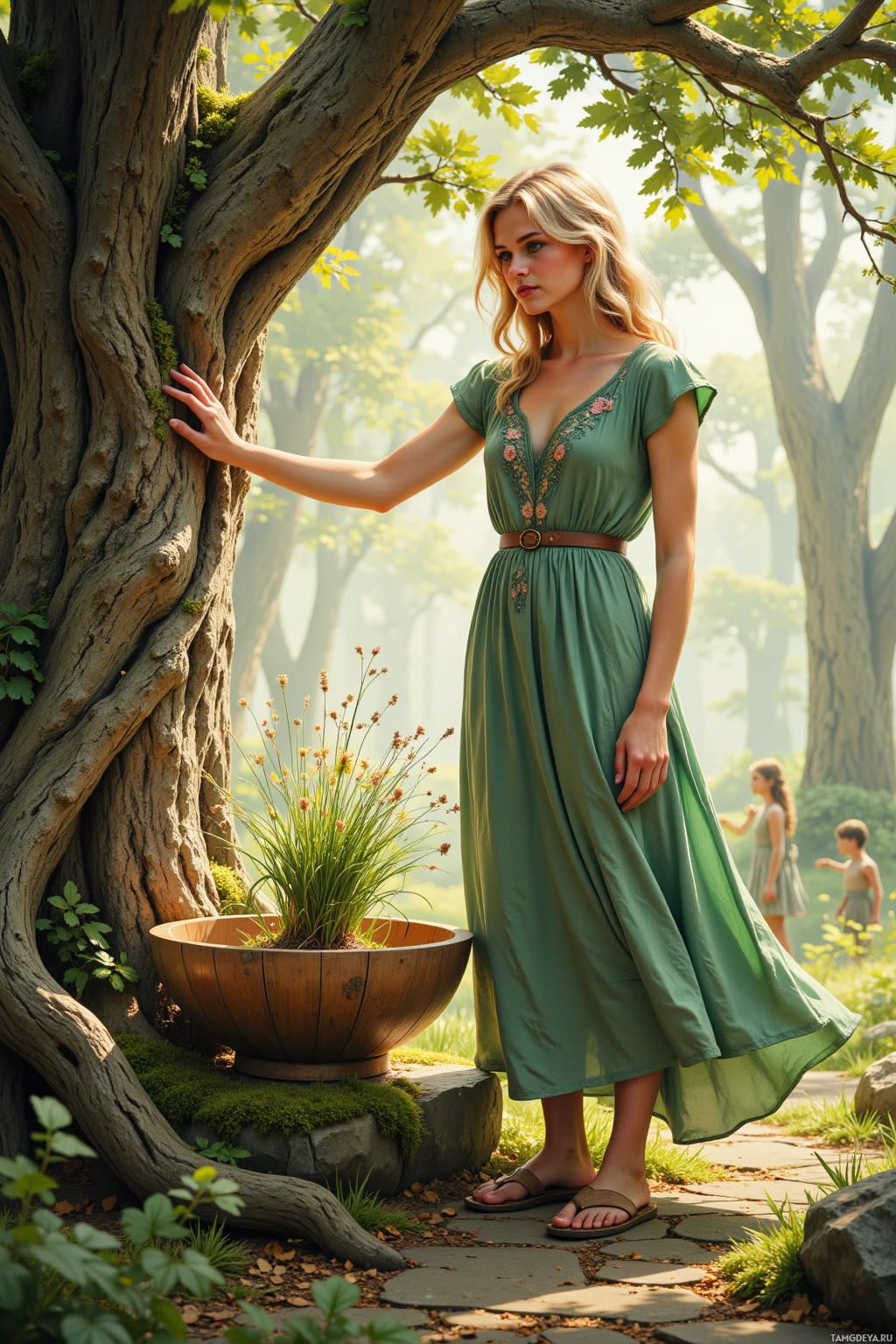 A woman in a green dress stands beside a tree in a serene garden setting.