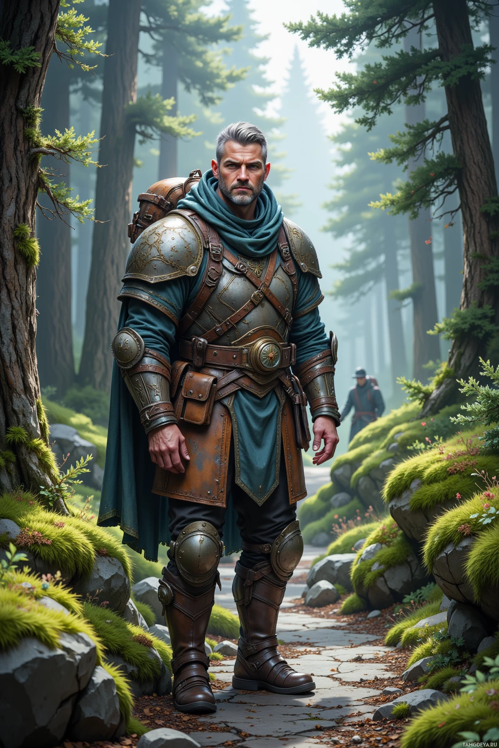 A warrior in detailed armor stands on a forest path.