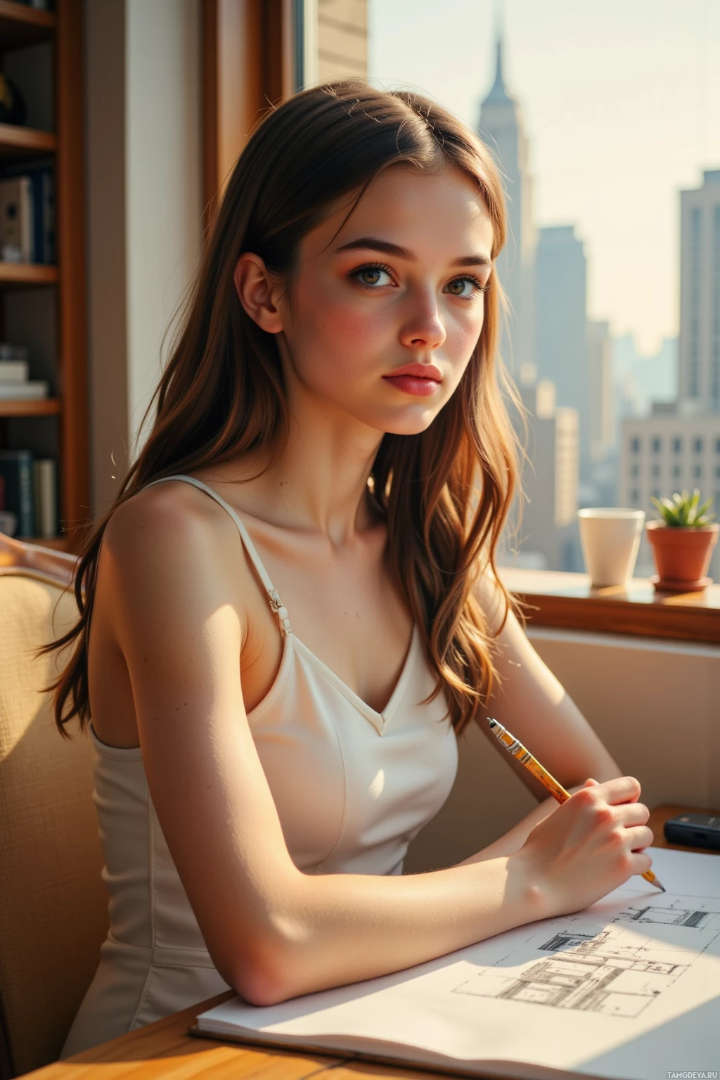 A woman in a white top is sitting at a desk, holding a pencil, with a cityscape visible through the window behind her.