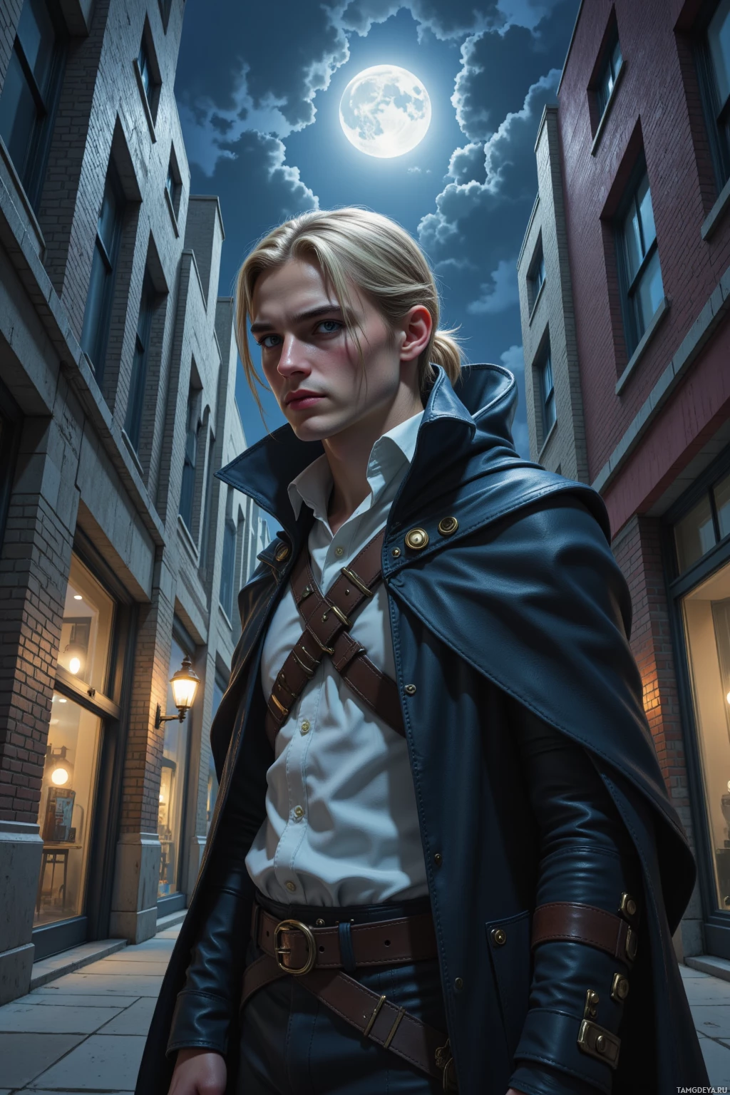 A person in a leather coat stands in an alleyway under a full moon.