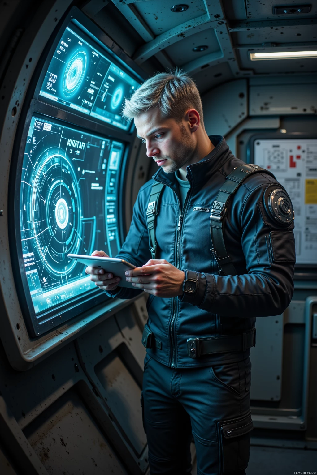 A person in a futuristic uniform uses a tablet in a high-tech environment.