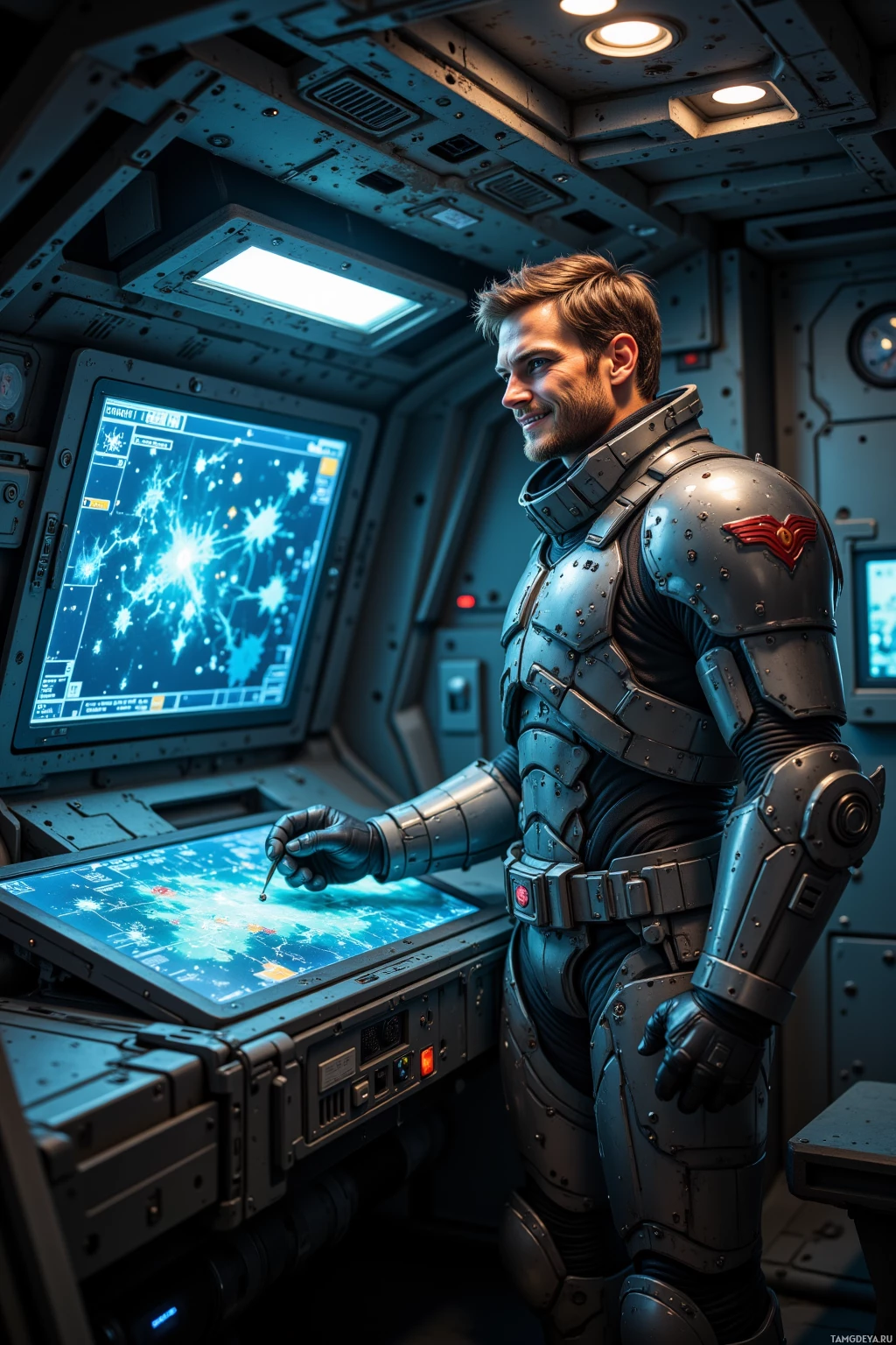 A person in futuristic armor stands in a high-tech control room, interacting with a large display.