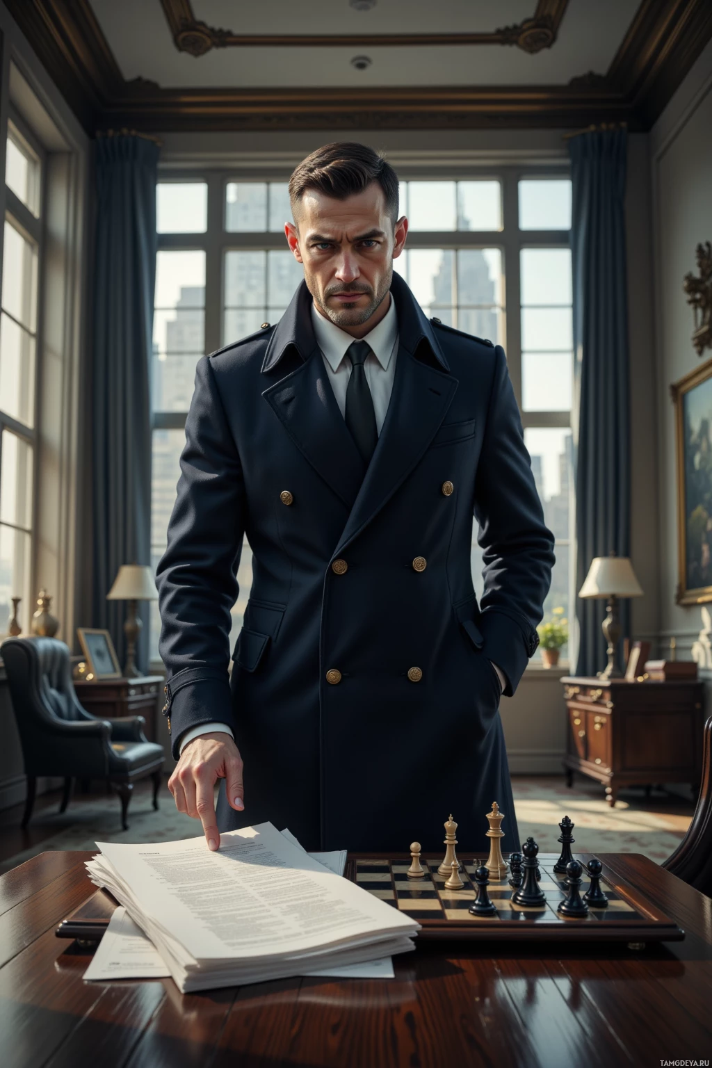 A man in a formal suit stands in a well-lit room with a chessboard and documents on a table.