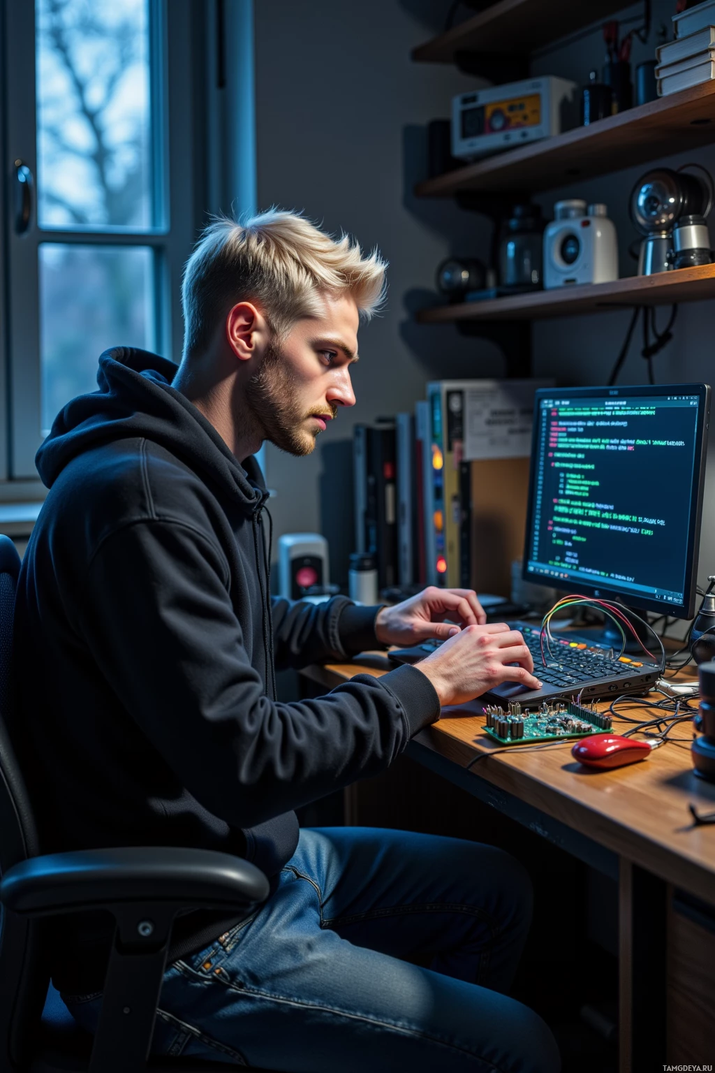 A person is working at a desk with a computer, surrounded by shelves and equipment.
