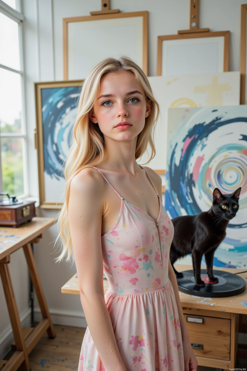 A person in a pink dress stands in an art studio with abstract paintings and a black cat.