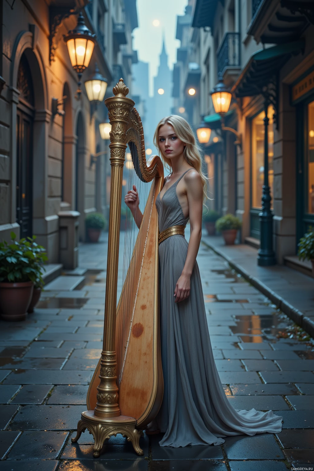 A woman in a flowing dress stands on a cobblestone street, holding a golden harp.