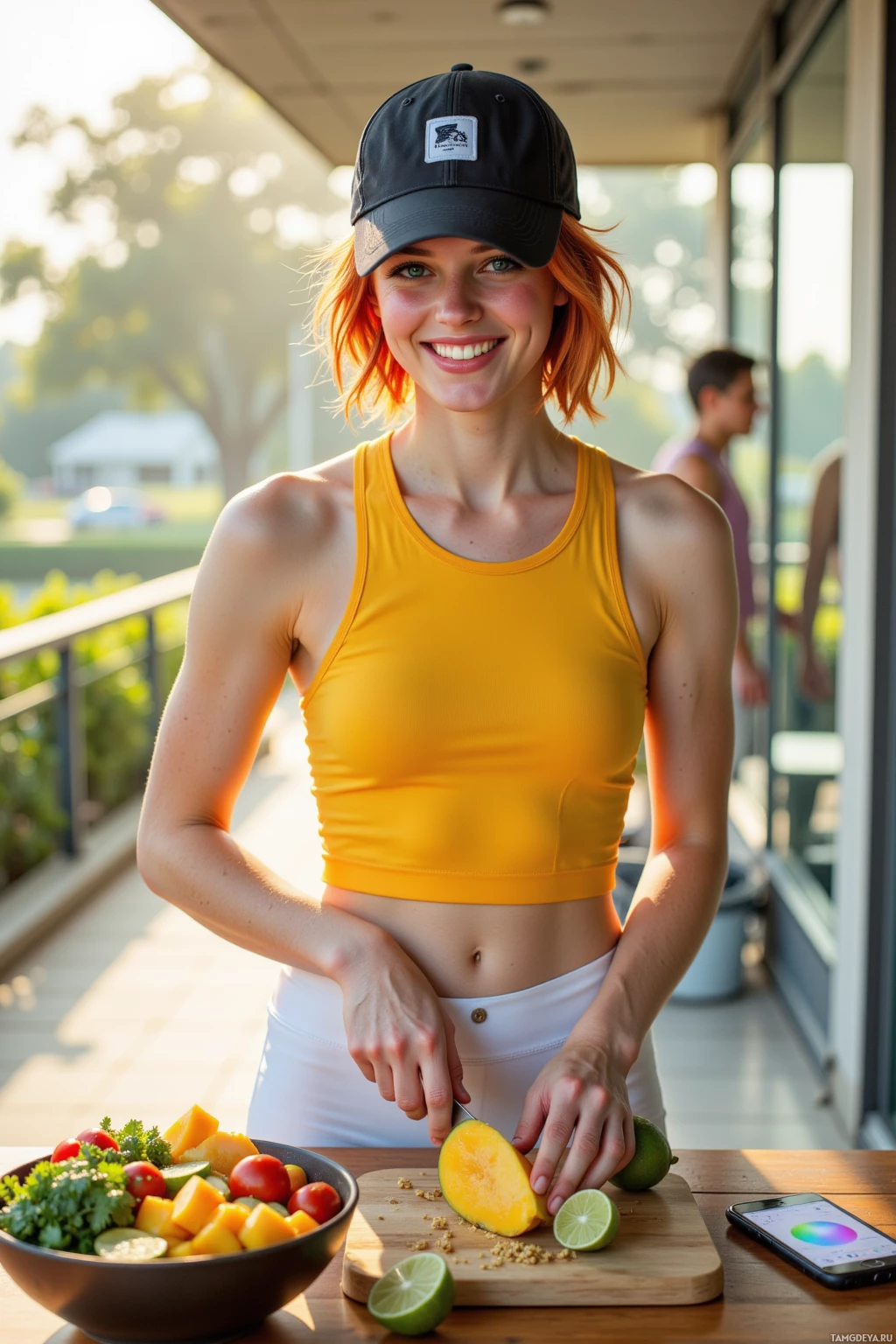 A woman in a yellow tank top and black cap is cutting fruit on a wooden cutting board.
