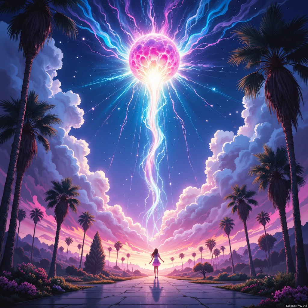 A vibrant, surreal landscape featuring palm trees, a glowing orb with electric tendrils, and a pathway leading towards a radiant sky.