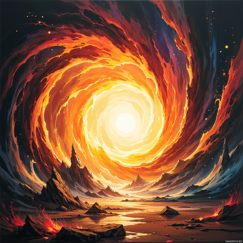 A fiery, swirling vortex dominates the scene, with glowing embers and jagged rock formations in the foreground.