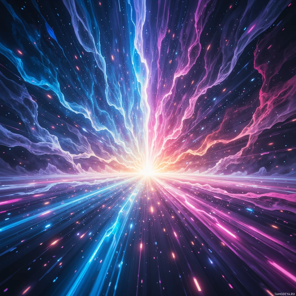 A vibrant cosmic scene with radiant beams of light and swirling nebulae.