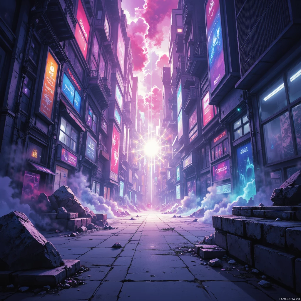 A futuristic cityscape with neon lights and a bright sun shining through the clouds.