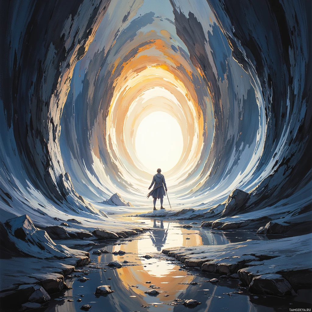 A lone figure stands at the entrance of a vast, swirling tunnel leading to a bright light.