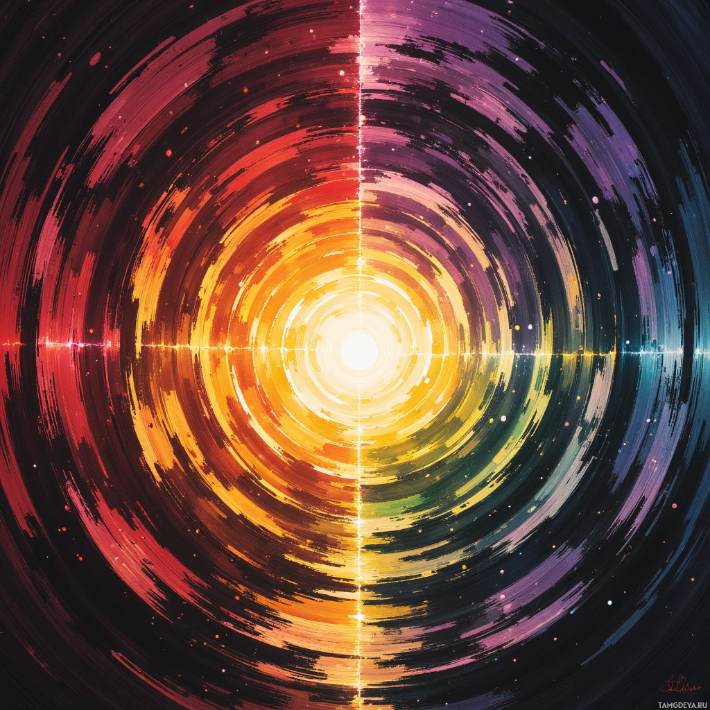 A vibrant, abstract circular pattern with radiating colors and light particles.