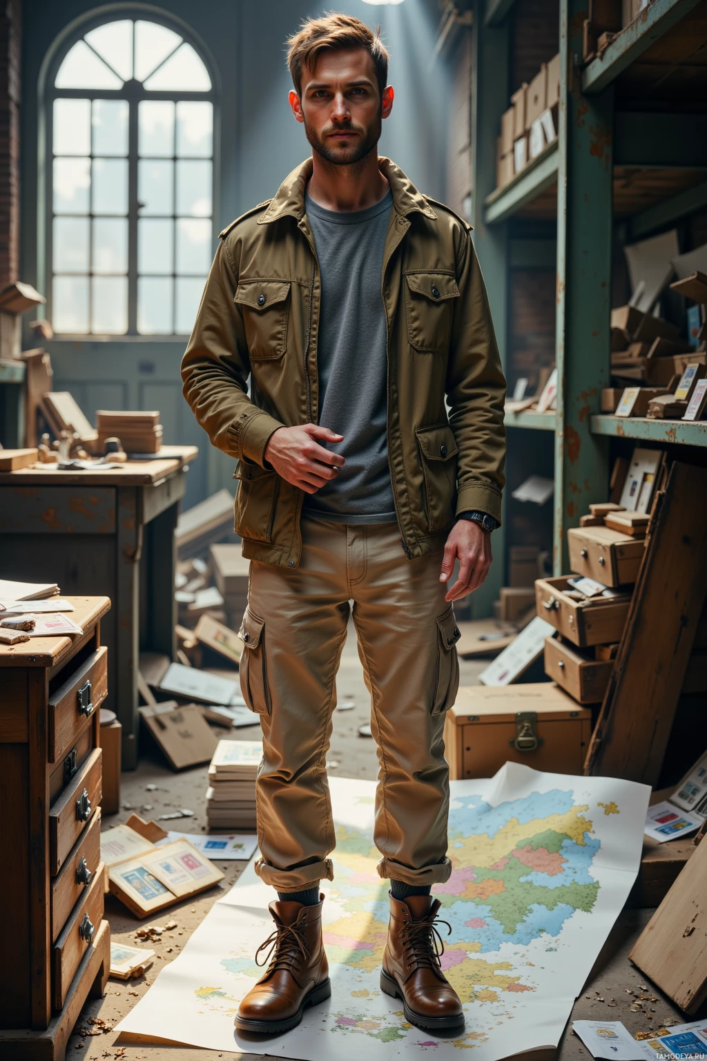 A man stands in a cluttered room with a map on the floor, wearing a jacket and cargo pants.