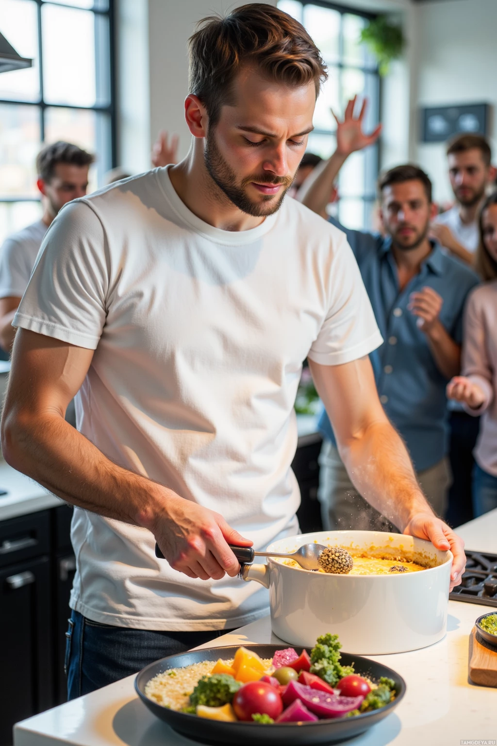 A man in a white shirt is cooking in a kitchen with others watching.