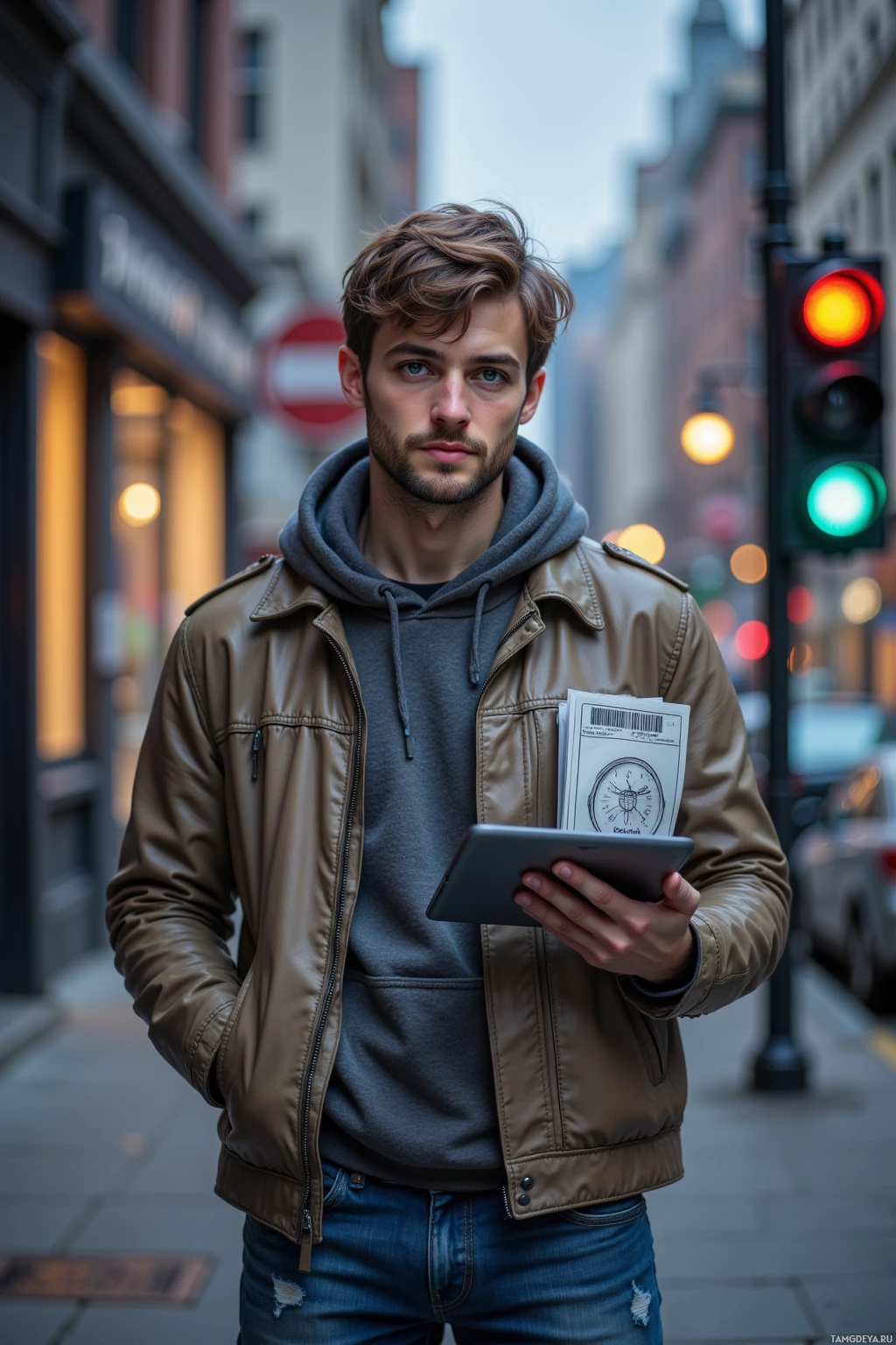 A man stands on a city street holding a tablet and some papers.