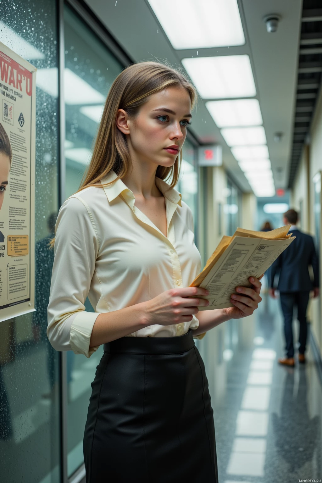A woman in a professional outfit stands in a hallway, reading documents.