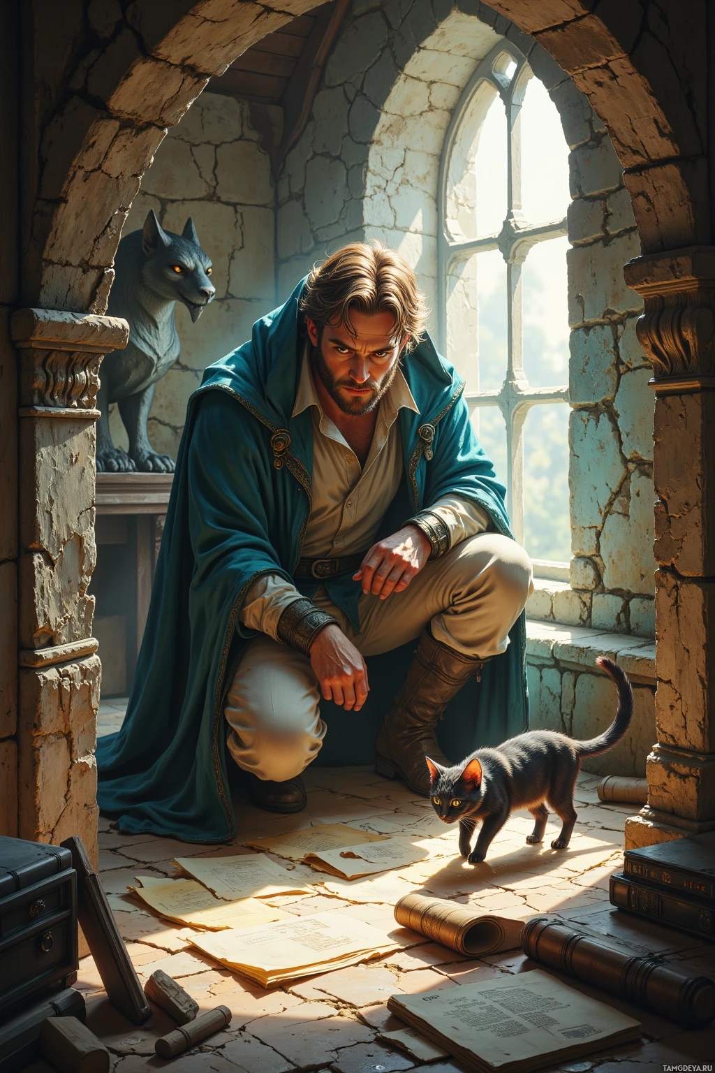 A man in a blue cloak kneels beside a window, surrounded by books and a cat.