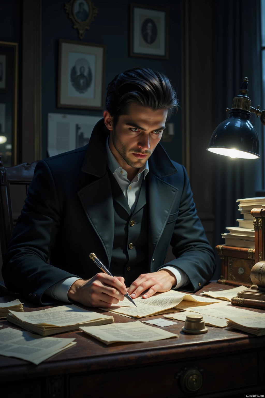 A man in formal attire is writing at a desk in a dimly lit room.