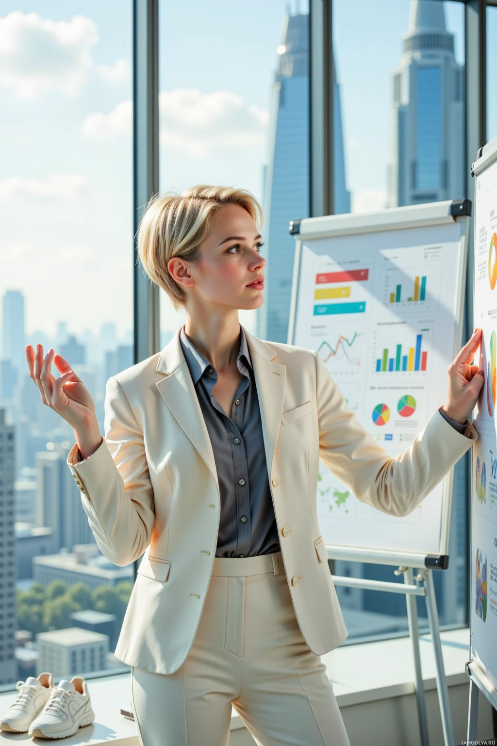 A professional woman in a suit stands in front of a flip chart with graphs, in an office with a cityscape view.