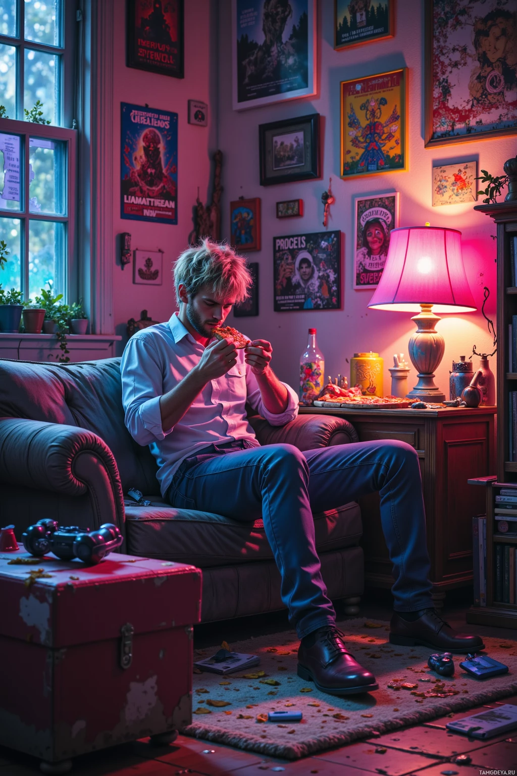 A person sits on a couch in a cozy room with colorful posters and a lamp, eating pizza.