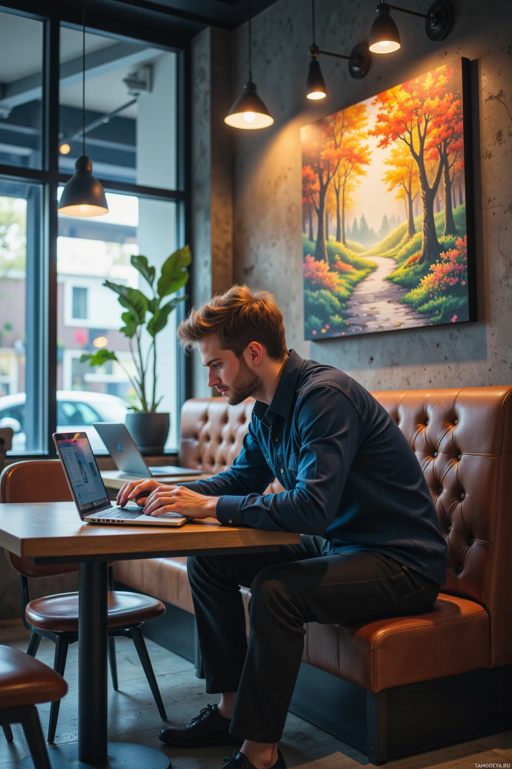 A man is sitting at a table in a cozy café, working on a laptop.